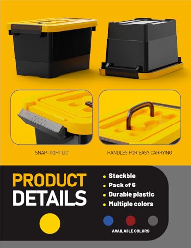 WYT Plastic Storage Bins with Lids and Latch, 6-Pack Small Stackable Plastic Organizing Box with Buckle and Handle, 3.5 Quart Durable Nestable Totes Containers (Black/Yellow)