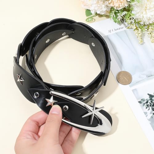 45.67 x 1.5 Inch Vintage Punk Rock Rivet Waistband PU Leather Star Studded Belt Adjustable Fashion Gothic Waist Belt with Metal Star Buckle for Women Jeans Skirt Halloween (Black)3