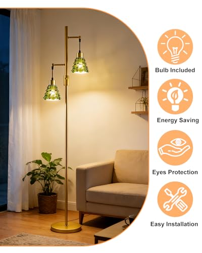 Image of 2-Light Modern Glass Floor Lamp, Gold Standing Tall Lamp with Green Shell Glass Shade, Dimmable LED Floor Lamp with 5Lbs Heavy Base for Living Room Bedroom Home Decor, Bulb Included