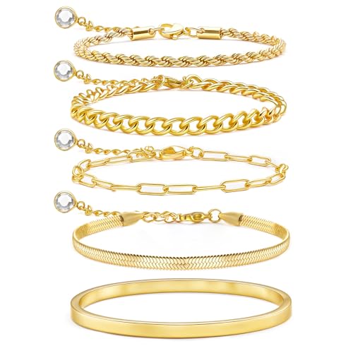 AamAccess Gold Bracelets for Women Trendy, 14K Gold Plated Stackable Adjustable Charm Paperclip Chain Cuban Link Layered Waterproof Jewelry Bracelet Set Gift (Fashion Decor 5)