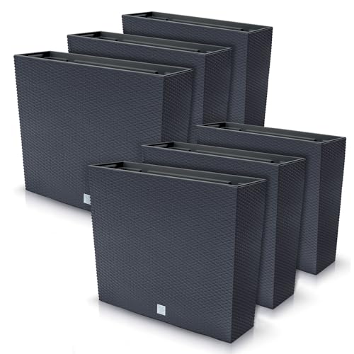 Juego de 6 macetas rectangulares para flores y plantas en T, de plástico, 58 x 18 x 49,8 cm, para interior y exterior, color negro, volumen 44 litros, diseño moderno