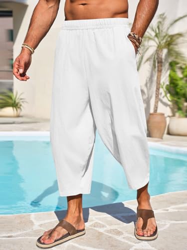 Runcati Calça capri masculina de algodão harém yoga praia folgada 3/4 calça casual cintura elástica