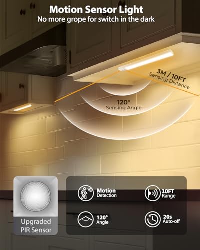 10” Under Cabinet Lighting, 68LEDS Motion Sensor Light Indoor, Rechargeable Battery Magnetic Closet Light, Wireless Under Counter Lights for Kitchen, Stairs, 2-Pack Warm Light