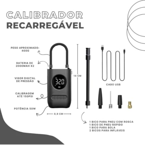 Compressor de Ar Portátil, Bomba de Ar para Calibrar Pneu de Carro, Bicicleta, Moto Elétrica, Bola,