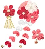 [JZOON] 七五三 髪飾り つまみ細工 3点セット 桜デザイン 可愛い 和玉 【6色展開】赤 青 紫 ピンク 黒 緑 鈴付き 成人式 浴衣 袴 着物 振袖用 和装 手作り 専用ケース付き 卒業式 結婚式用 赤 H5800