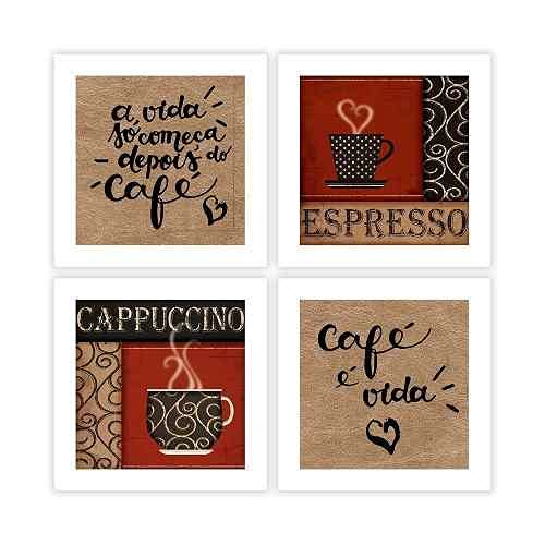 Kit 4 Quadros Decorativos 19x19 cm com MOLDURA Composê A Vida Começa Depois Do Café (Branco)