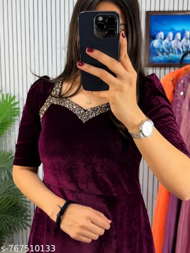 Image of Women Velvet Gown, Full Length, Puff Sleeves, Embellished Neckline, Wedding & Festive Occasion