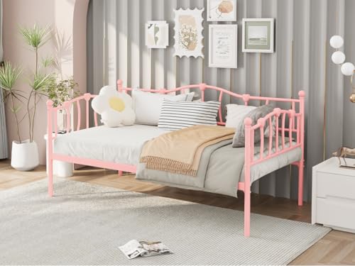 Image of GarveeHome Twin Size Daybed Frame, Metal Platform Sofa Bed with Stylish Headboard, Heavy Duty Steel Slat Support, Space Saving for Living Room /Bedroom /Guest Room, No Box Spring Needed, Pink