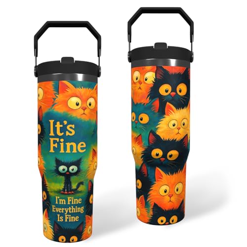 Cat Tumbler with Top Handle Straw and Lid Large Water Bottle Reusable Stainless Steel Coffee Cup for Hot and Cold Drinks Gift for Women Man White Black Cat Painted Travel Mug (colorful, 30oz)