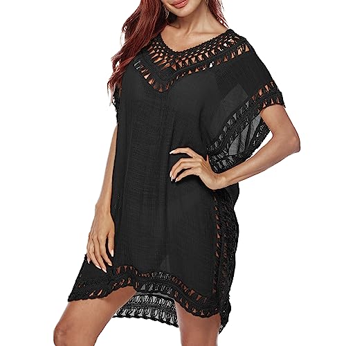 Figarge Bikini Cover Up Strandkleid Damen Sommer Strandponcho V-Ausschnitt Beachwear Strandkleider Damen Cover Up Strandkleid (Schwarz)., 17.99 €