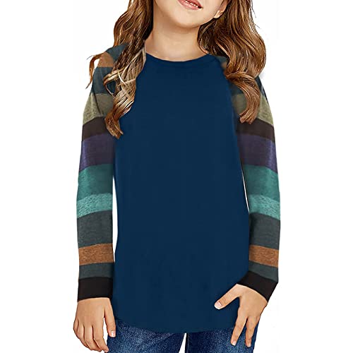 Girls Casual T-Shirt Long Sleeve Tee Tops Color Block Striped Crewneck Loose Tunic Blouse Kids Pullover(Blue,8-9 Years)