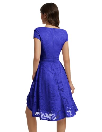 MUADRESS Women Cap-Sleeve Lace Floral Elegant Cocktail Dress Crew Neck Knee Length Bridesmaid Prom Dresses for Party RoyalBlue M