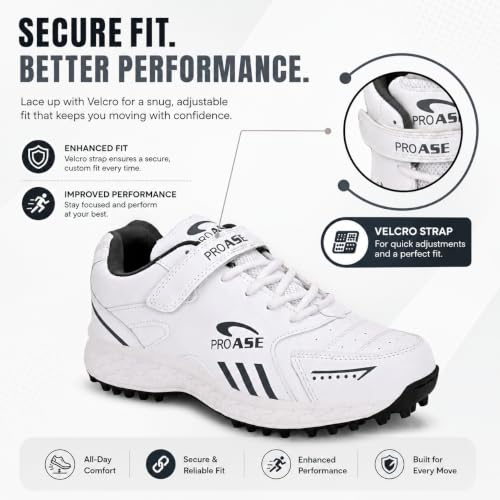 Image of Pro ASE Lightweight Cricket Shoes - Durable & Comfortable | Ideal for Turf, Ground & Hard Surfaces | Allrounder Design with Studs, Velcro & Superior Grip | White, Blue, Grey