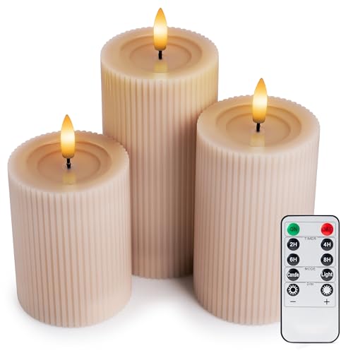 WYZworks Fluted Ribbed LED Pillar Candles, Blush Beige, with Realistic Reflective Melted-Wax Effect – Flickering Flame, Remote, Dimmable, Flameless, Battery Operated, Home & Wedding Decor (Set of 3) by WYZworks - Used condition - Image 2