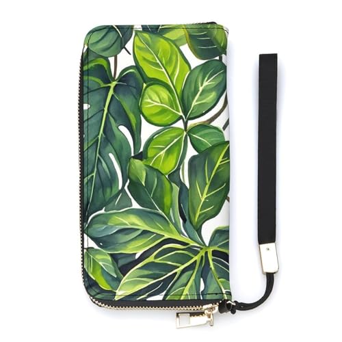 Portefeuille minimaliste fin avec fentes pour cartes et motif feuilles de plantes vertes