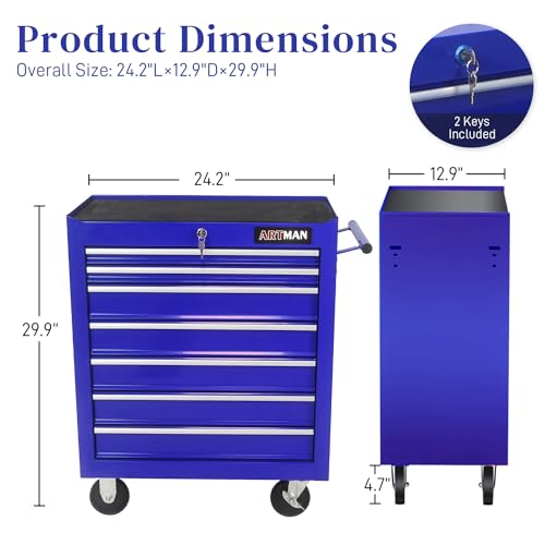 WTRAVEL Rolling Tool Chest with 7-Drawer Tool Box with Wheels Multifunctional Tool Cart Mechanic Tool Storage Cabinet for Garage, Warehouse, Workshop, Repair Shop (Blue)