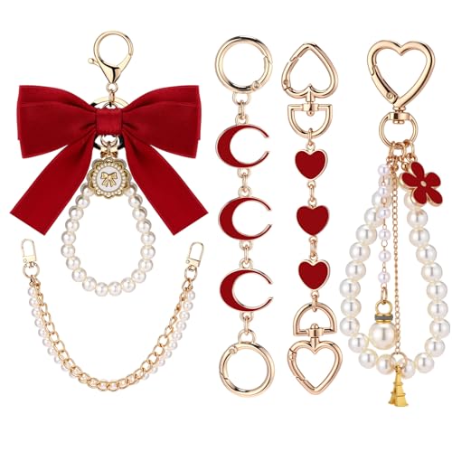 Sureio 5 Pcs Bag Extender Chain Pearl Purse Chain Ribbon Bow Keychain Extender Bag Strap Purse Charms Accessories for Handbag(Gold and Red)