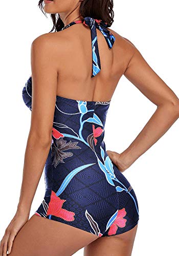 ebuddy Elegant Inspired Boy-Leg One Piece Ruched Monokinis Swimsuit,Flowered-XL