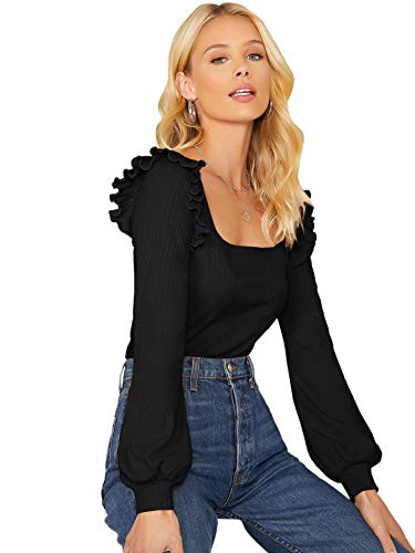Shein Women's Long Sleeve Scoop Neck Ruffle Trim Top Blouse Lantern Sleeve Solid Tee Black X-Large #TOP2