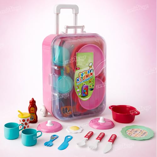 Image of Zest 4 Toyz Kitchen Set for Girls with Trolley Suitcase Kitchen Playset for Girls Kitchen Cooking Suitcase Cooking Toy Pretend Play Toys for Kids - Pink (16 Pcs)
