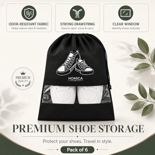 Image of Shoe Bags for Travel, Non-Woven Pouches with Transparent Window, Reusable Storage Organiser for Gym, Luggage, Wardrobe, Black, (Pack of 6)