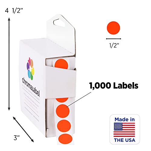 Chromalabel 0.50 Inch Round Label Permanent Color Code Dot Stickers, 1000 Labels Per Dispenser Box, Fluorescent Red Orange #TOP1