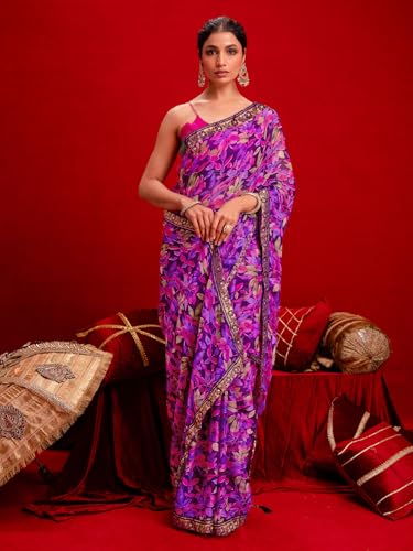 Image of SIRIL Women's Chiffon Printed Saree With Unstitched Blouse Piece