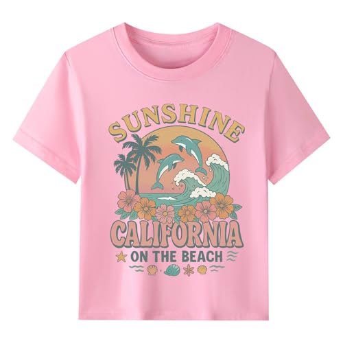 BubblyBee Sunshine California On The Beach Tops Cute Trendy Girls Clothes Kids Printed Shirts Baby Summer Pink Tees 4T