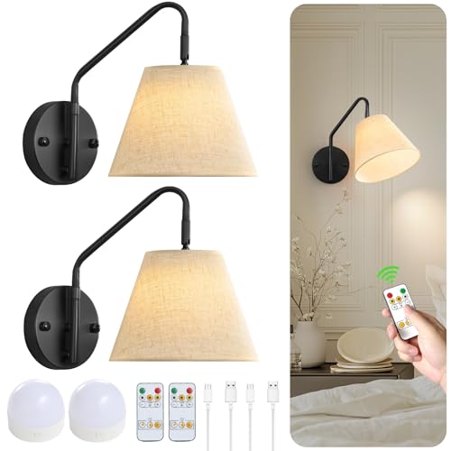 Image of Black Wireless Wall Sconces Set of Two, Swing Arm Battery Wall Sconce, Battery Operated Wall Sconce with Remote, Battery Sconces with Linen Lampshade, Rechargeable Wall Lights for Living Room