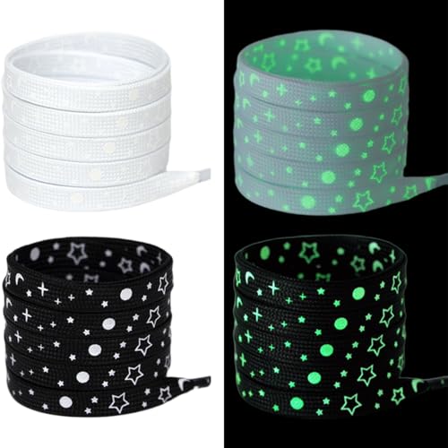2 Pares Cordones Zapatillas Deporte, Cordones Planos, Cordones de Zapato Luminosos con Diseño de Estrellas, Cordones Reemplazo, para Zapatillas Casuales, Zapatillas Deportivas (Negro, Blanco, 120cm)