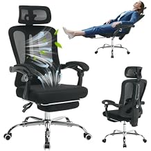 Ergonomic Office Chair with Mesh Back, Retractable Footrest, Adjustable Headrest & Lumbar Support, Home Office Computer Executive Desk Chair with Wheels for Home Office, Black