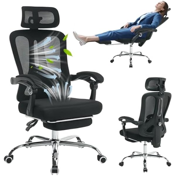 Ergonomiczne krzesło biurowe, krzesło z oddychającej siatki z zagłówkiem, regulowane podparcie lędźwiowe 90°-135°, wysuwany i obrotowy podnóżek do domu i biura