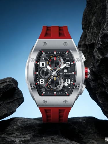 Image of TSAR BOMBA Mens Luxury Watch Watches for Men 50M Waterproof Japanese Quartz Movement Tonneau Stainless Steel Case Sapphire Glass with Chronograph Date Function Cool Unique Fashion Gift