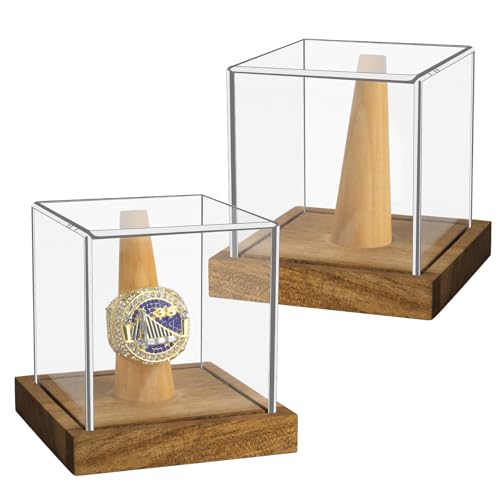 2 Pack Championship Ring Display Case, Clear Acrylic Single Ring Holder with Wood Stand Base 1 Slot Ring Hole Storage for Sports Basketball Baseball Fan Souvenirs Military, UV Protection 3.94 Inch