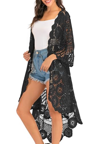 Anna-Kaci Women's Crochet Long Vest Boho Short Sleeve Kimono Cardigan Swimwear Cover up