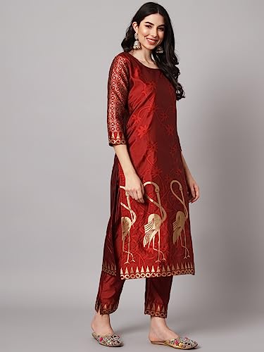 Image of VredeVogel Women's Cotton Silk Jacquard Kurta Pant Set with Banarasi Silk Dupatta