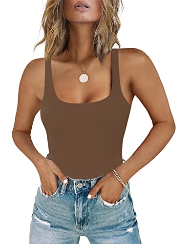 Chunpin Body feminino com gola quadrada sem mangas com forro duplo, Marrom, P