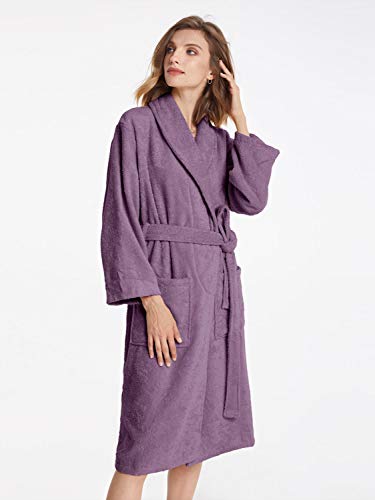 SIORO Terry Cloth Womens Robe Cotton Shower Bathrobe Soft Long Bath Towel Robes Shawl Collar Sleepwear for Spa Pool Gym, Plum Small