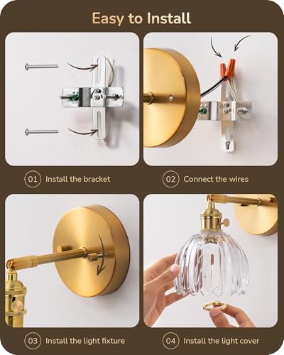 Image of EDISHINE 2-Pack Brass Gold Sconces, 180 Adjustable Tulip Glass Wall Lamps | Hardwired, Rotary ON /OFF Switch, E26, Vintage & Modern Style for Bathroom, Bedroom, Hallway