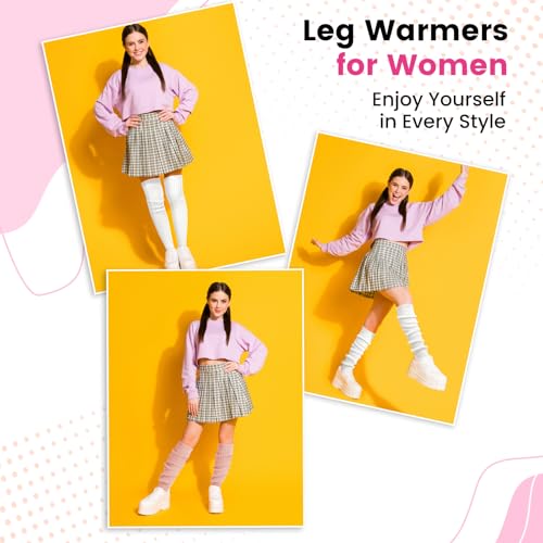 Clothirily Winter Leg Warmers - Fashion Knit Neon Leg Warmers for Women 80s Sports Party Yoga Accessories, White, Pink - Thumbnail 6