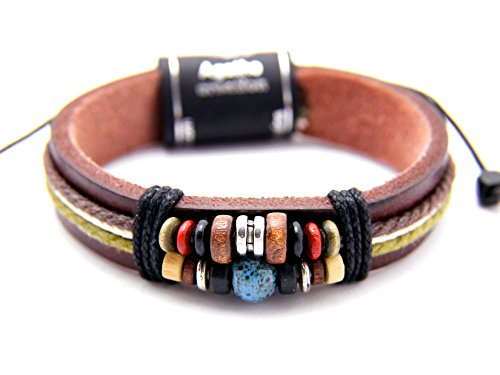 N02255 - Agathe Creation - Bracelet tibetain porte bonheur - Perle centrale en céramique - Cuir, chanvre et perles de bois et métal - Multicolore - Fait main