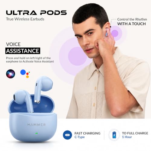 Image of HAMMER New Ultra pods 2026 TWS Wireless Bluetooth Earbuds with Inbuilt Mic, 100H Standby Time, 50H Playtime, USB Type-C, 13mm Dynamic Drivers, BT v6.0, IPX5 Water-Resistant Earphones (Blue)