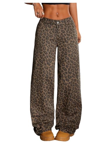 SOLY HUX Women's Leopard Jeans Cheetah Print Wide Leg Baggy Denim Pants Long Trousers Streetwear