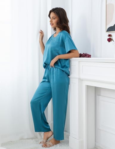 Image of THXSILK Mulberry Silk Womens Pajama Set with Pocket, 2 Piece Lounge Sets for Women, Short Sleeve Sleepwear