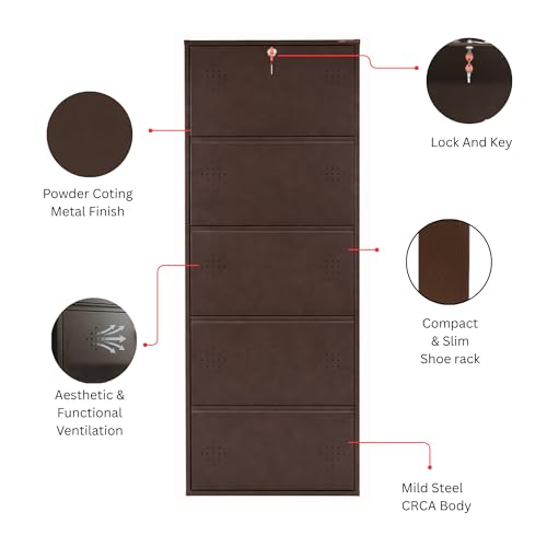 Image of 5 Door Wall Mounted Metal Shoe Rack Cabinet with Lock | Space Saving Shoe Storage Cabinet for Home, Entryway & Balcony | Dustproof Ventilated Shoe Organizer | Brown | 63 x 21 x 6 Inch