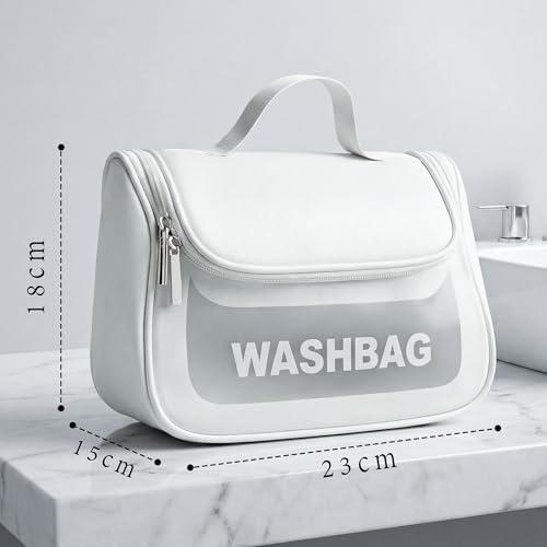 Image of Cosmetic Bag for Women, PU Leather Makeup Pouch, Large Capacity Travel Makeup Organizer with Divider & Handle, Waterproof Portable Vanity Storage Bag for Toiletries (Washing Bag-White)