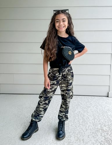 Image of Arshiner Girls 2 Piece Outfits Short Sleeve Tie Knot Front Tee Tops and Cargo Jogger Pants Set Kids Clothing Sets