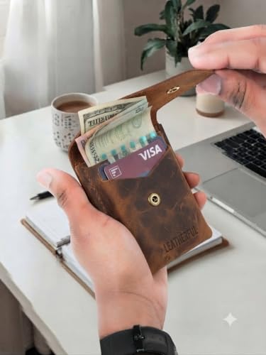 Image of Leatherful Flip - Top Grain Leather Vertical Slim Wallet for Men | Easy Quick Card Access | Compact Front Cash Pocket & Button Lock | Minimalist Travel & Daily Carry Wallet (Vintage Brown)