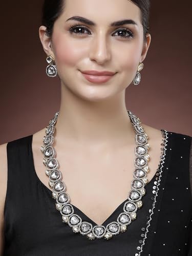 Image of Karatcart Gold Plated Green Crystal and Pearl Studded Kundan Rani-Haar Necklace Set for Women