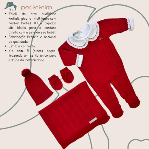 Kit Saída De Maternidade 5 Peças com Body Algodão + Macacão Tricô + Manta Tricô + Touca Tricô + Luva